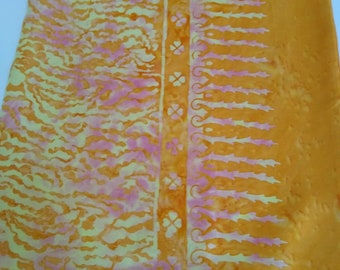 Vintage Hand Dyed Batik Rayon Scarf, Sarong, Wrap in shades of Tangerine Orange, Yellow Sherbet and Pink