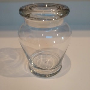 Vintage 6 inch clear glass apothecary jar with tight fitting lid, covered glass container, vanity jar