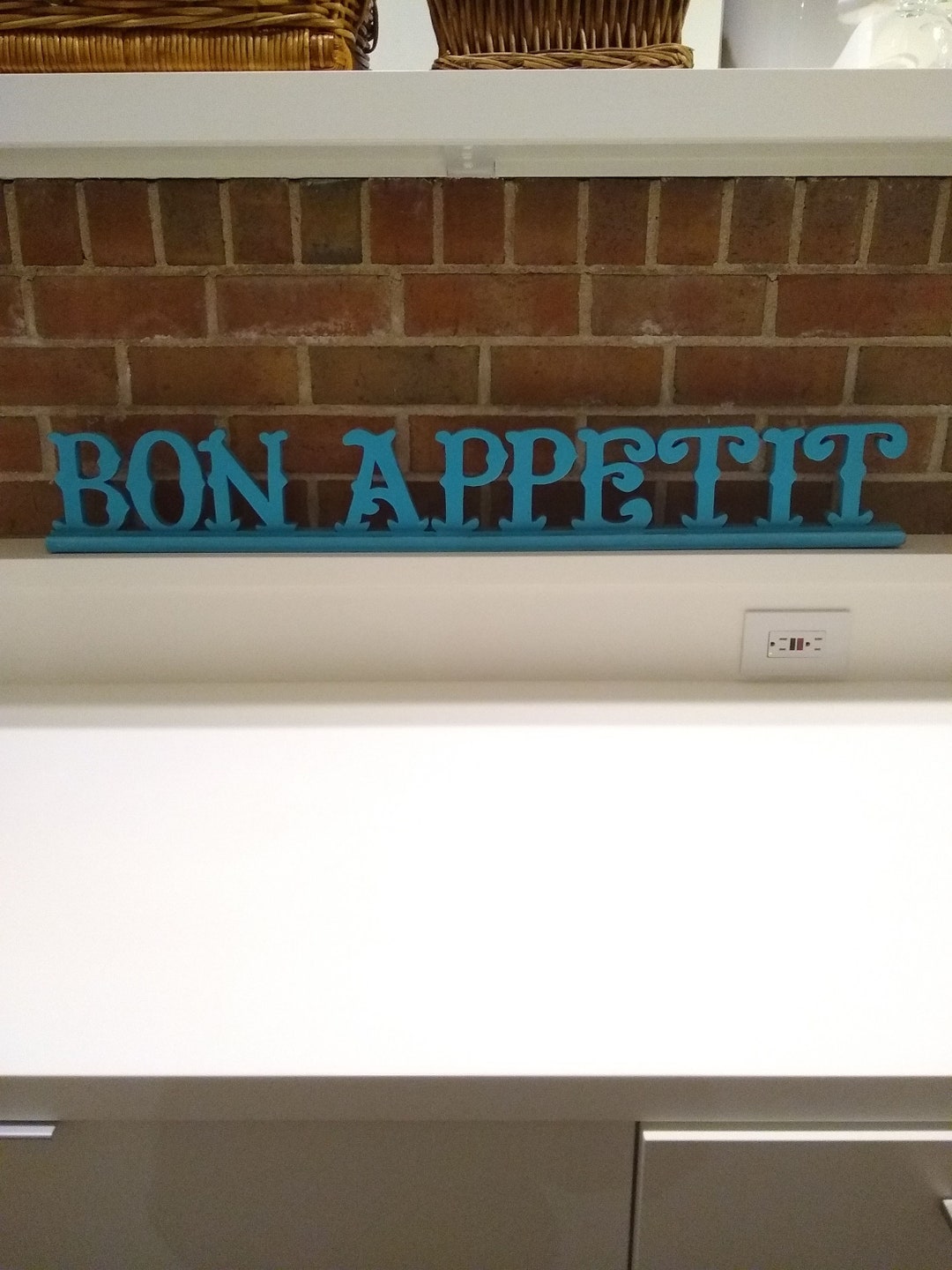 Vintage Large bon Appetite Painted Carved Wood Sign, Turquoise Blue