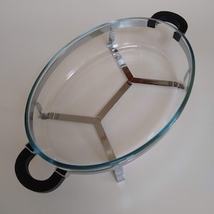 Vintage Retro Danish Modern, MCM Bodum Casserole Dish, Oval Pyrex with Black Handled Chrome Cradle / Holder, Oven Safe