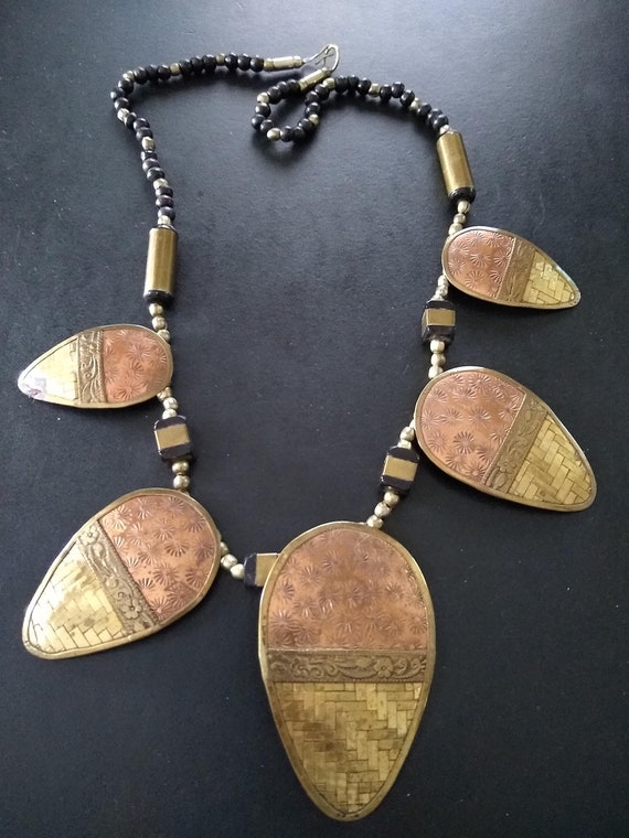 Vintage Mixed Metal Handmade Necklace, woven brass