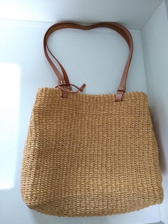 Vintage Woven Straw Bag, Shoulder Bag with leathe… - image 2