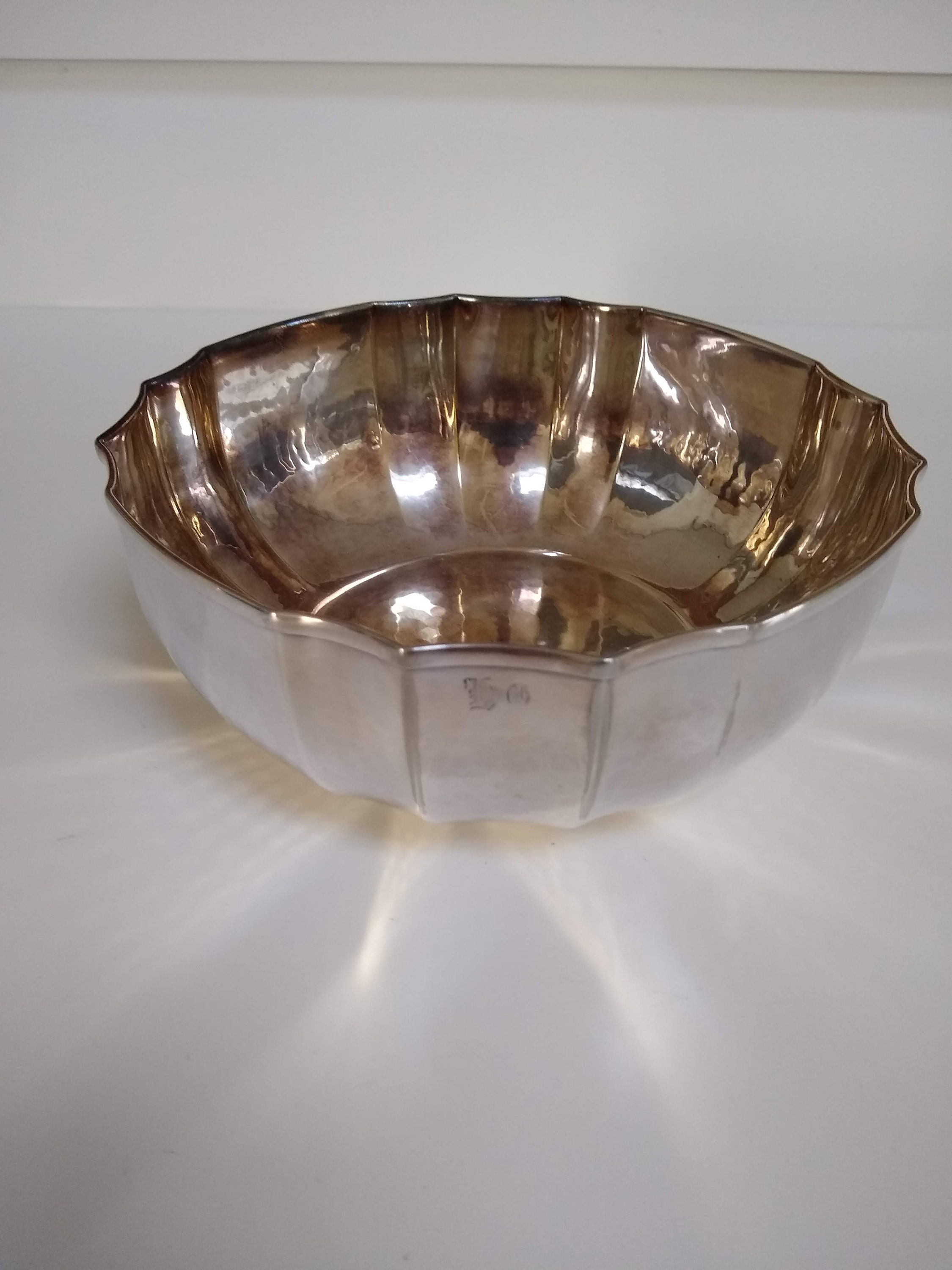 Salad bowl / Lettuce bowl - thick glass with silver plated stand ring -  Italy