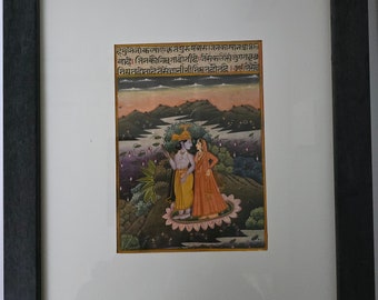 Vintage Framed Illuminated Page from Radha Krishna Book or Manuscript; 13" x 16" Overall Frame;