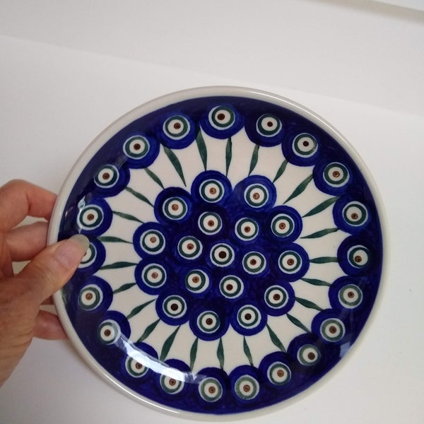 Vintage Polish Pottery Blue Dot 8" Plate, Boleslawiec Plate, Peacock Pattern Plate, 8 inches