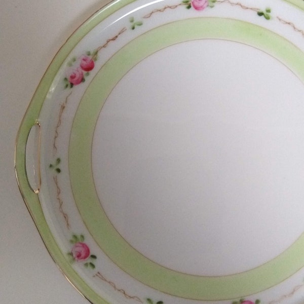 Vintage Small Nippon Double Handled Plate, Vanity Tray, 6" Hand Painted Dessert Plate, Dish, Pink and Green Rose Theme