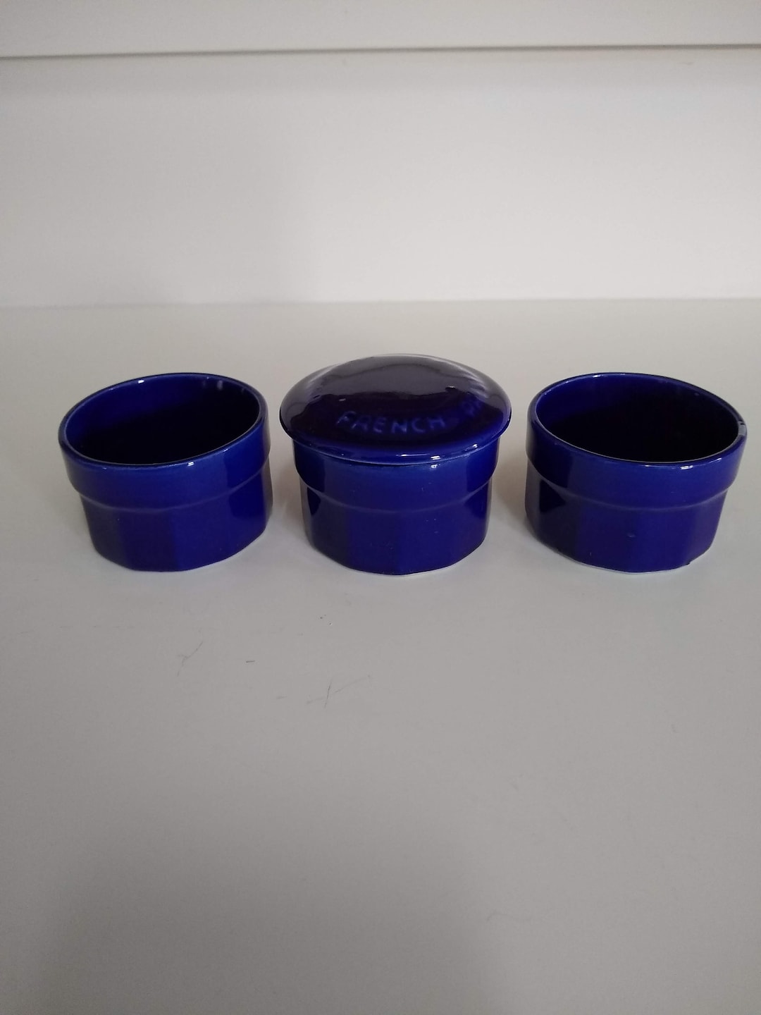 Vintage Cobalt Blue Ceramic Chambord French Preserves Jars, Set of 3