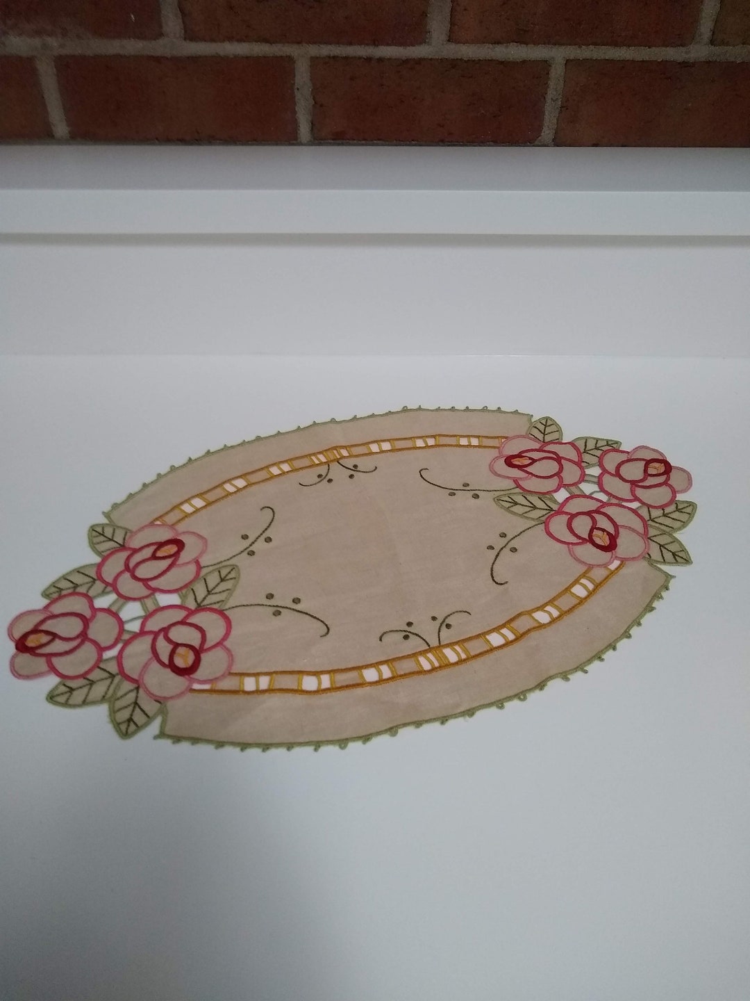 Vintage Embroidered Linen Doily Doilies Oval Floral Embroidered