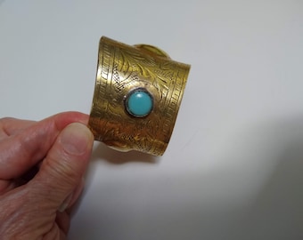 Vintage Etched and Hammered Brass Artisan Wide Cuff Bracelet, Open Bangle, Faux Turquoise Stone