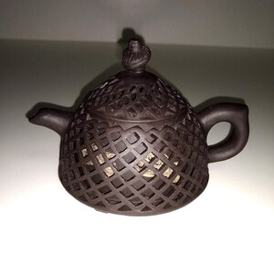 Vintage Chinese Yixing Teapot, Pierced Zisha Clay, Dark Brown Double Walled Teapot with reticulated, lattice-like outer shell