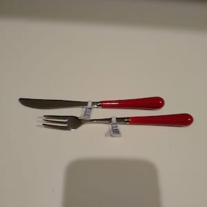Vintage Miniature Forks and / or Knives with Red Handles, Appetizer Utensils, Hors D&#39;oeuvres Picks, Small Knife