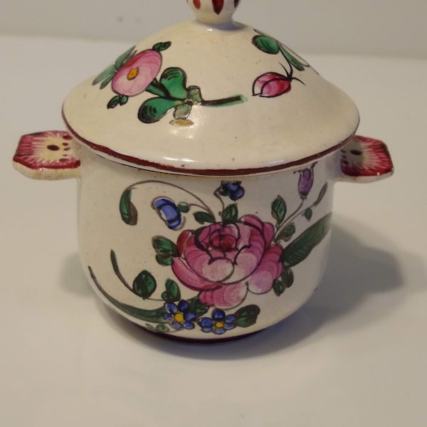 Antique Small French Faience Hand Painted Floral Jam Jar, Luneville Old Strasbourg Lidded Jar, Small Two Handled Covered Pot