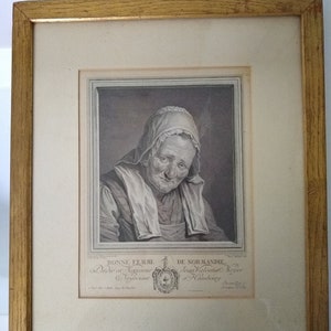 Antique Engraving &quot;Bonne femme de Normandie&quot; engraved by J.G. Wille, according to the design of his son, Pierre Alexandre Wille