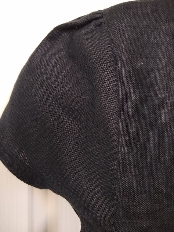 Vintage Black Designer Linen Top, Blouse with Bow… - image 3