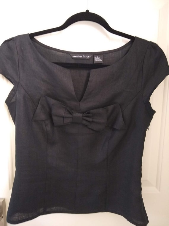 Vintage Black Designer Linen Top, Blouse with Bow… - image 1