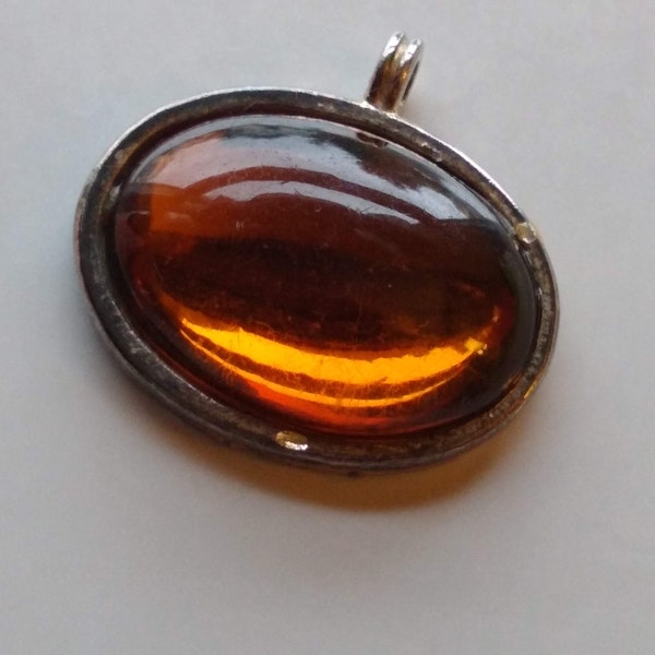 Vintage Foil Backed Honey Colored Glass Pendant, Oval Cabochon Pendant