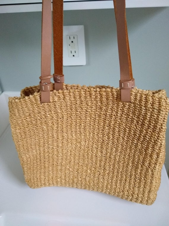 Vintage Woven Straw Bag, Shoulder Bag with leathe… - image 1