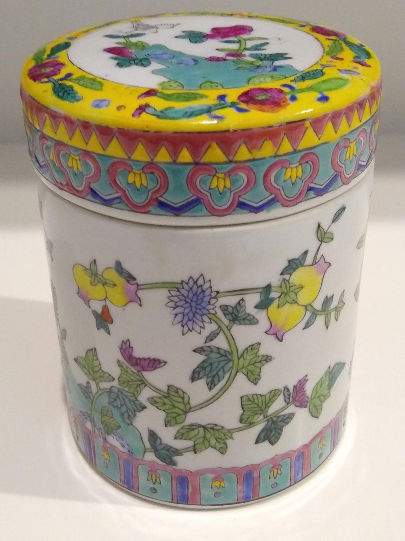 Vintage Chinoiserie Tea Caddy Cylindrical Lidded Jar Chinese - Etsy