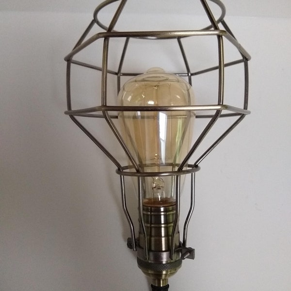 Vintage Industrial Cage Light, Edison Bulb, 11 1/2' Twisted Fabric Cord, Plug-In, Cord Switch