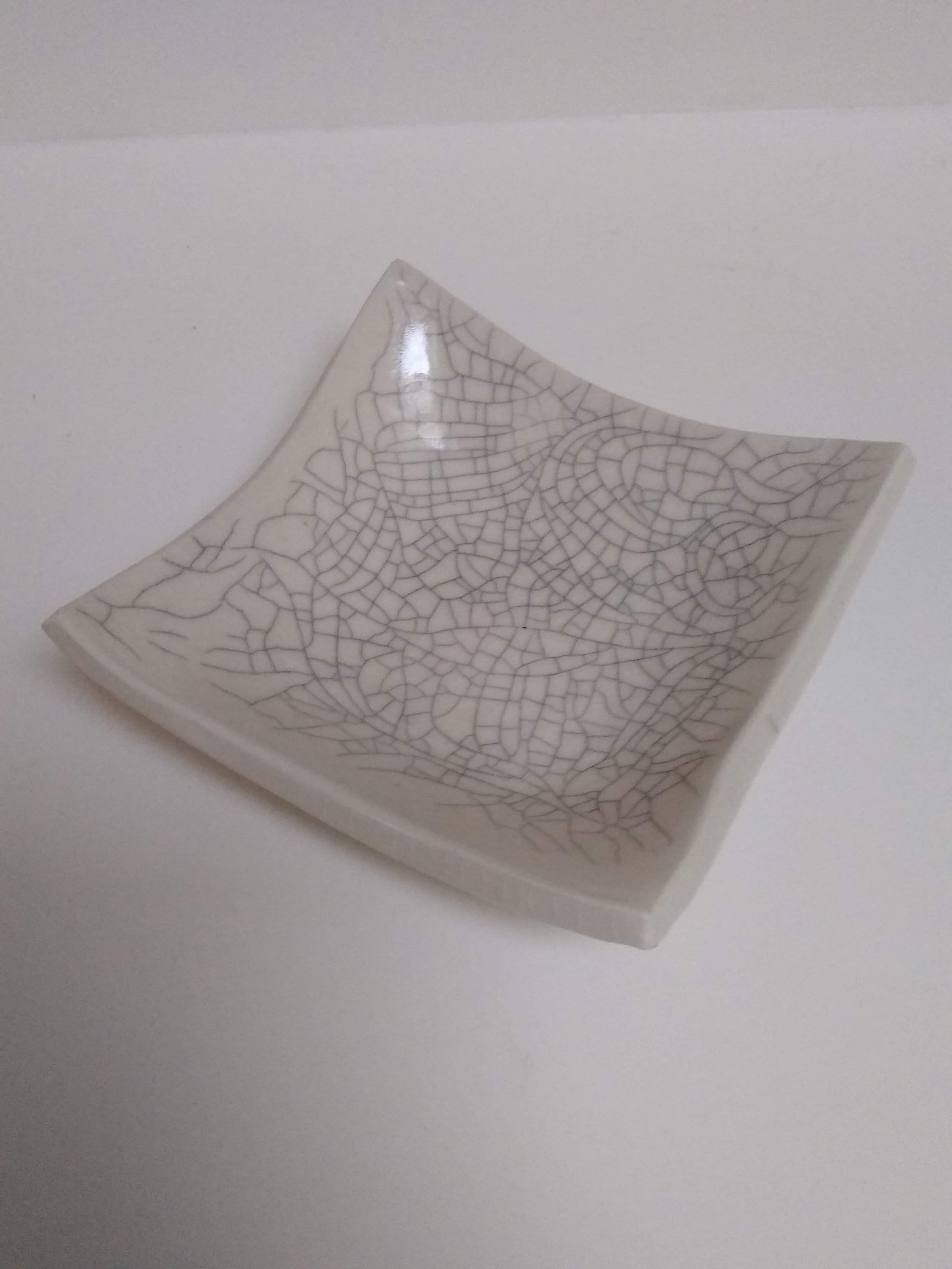 Vintage Signed Award Winning Potter Ghita Levin Crackle Glaze Asian Inspired Slab Bowl, Fine Art Pottery