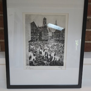 Vintage or Antique Framed Signed Etching of Stuttgart Market Square, Germany