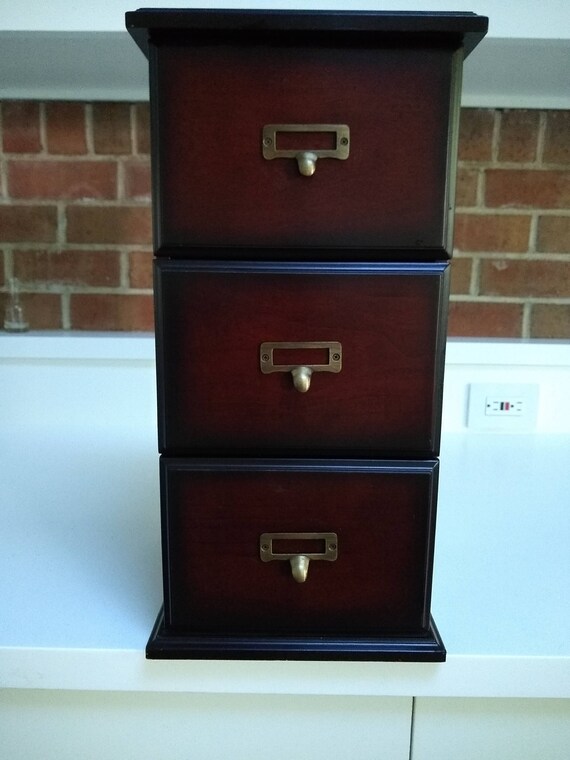 Vintage Wood Desktop Chest Box With Drawers Organizer Three Antiqued Cherry Finish Brass Label Pulls