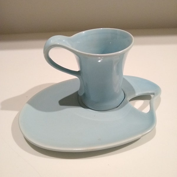Vintage Art Nouveau Style RARE Ceramic Pastel Blue Tea Cup, with companion indented plate, Robins Egg Blue Coffee Mug and Saucer