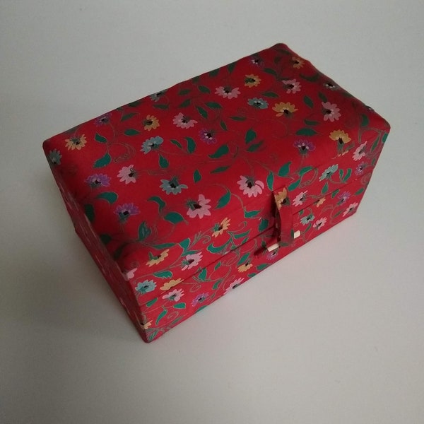 Vintage Small Padded Satin Covered Jewelry Box, Small Red Floral Print Fabric Jewelry Box