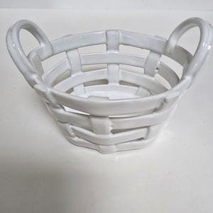Vintage Small White Woven Ceramic Basket, Easter Basket, Bread Basket, Handmade Lattice pottery, Decorative Basket