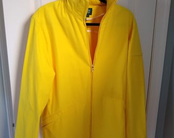Vintage Ralph Lauren Yellow Raincoat, Women's Size L, Hood Concealed in Zipper Collar, Large Pockets, Yellow Rain Jacket Slicker