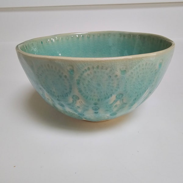 Vintage Turquoise Glazed Embossed 6" Serving Bowl, Aqua Stoneware Bowl made in Portugal, Crackle Glaze Blue Hand Made Portuguese Bowl