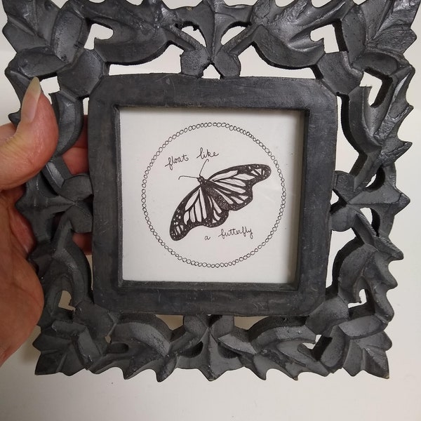Vintage Hand Carved Thick Wood Framed Original Art "float like a butterfly" - 4x4" opening, Charcoal Grey painted sculptural wood framed art
