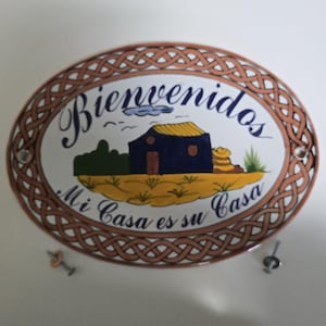 Mexican Bienvenidos Plaque, Handmade Talavera Pottery Welcome Sign