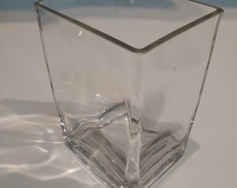 Vintage 6" x 3" Rectangular Clear Glass, Possibly Crystal Vase; Handmade Modernist Glass Vase