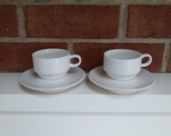 Vintage Set of 2 White Stackable Espresso Mugs, Modernist MCM Style Cups, Demitasse Mugs