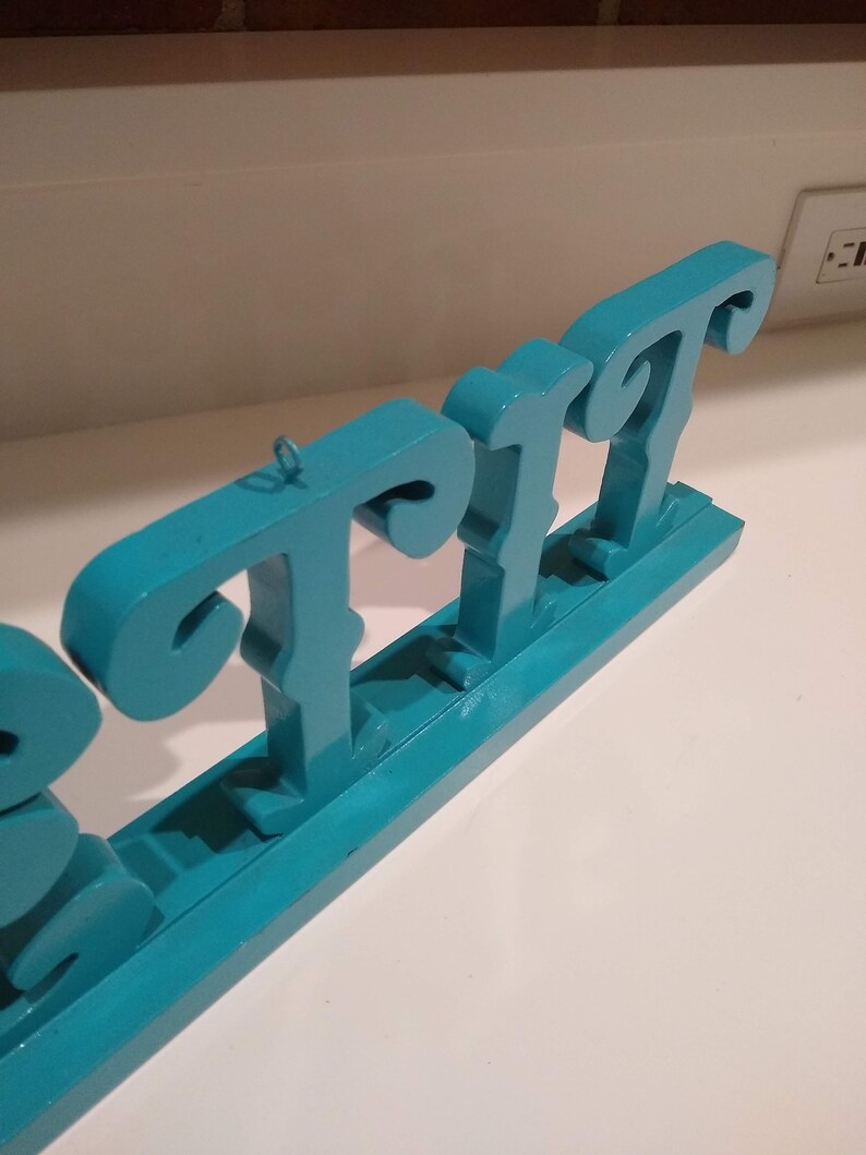 Vintage Large bon Appetite Painted Carved Wood Sign, Turquoise Blue