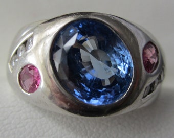 Ceylon Sapphire Ring, Pink Sapphire Accents, Diamond, 14K White Gold