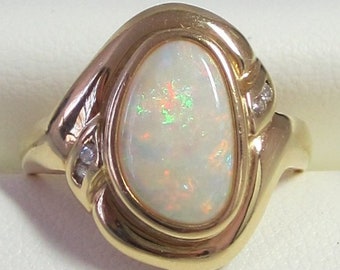 Vintage Natural Opal Ring, 14K Yellow Gold with Diamond Accents, Size 7