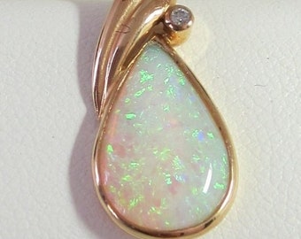 14K Yellow Gold Natural Opal Pendant with Diamond Accent