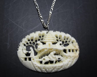 Vintage Chinese Oval Carved Pendant on 18" Italian Sterling Silver Figaro Chain