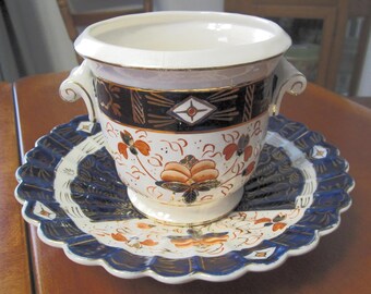 Japanese Blue Imari Dish with Handles and 8" Saucer, Vintage Imari Pottery / Royal Crown Derby Imari / Hand Painted 1940s Porcelain
