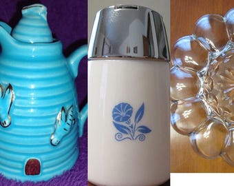 3 VINTAGE Kitchen: 1940s Beehive Honey or Syrup Pitcher, 1960s Sugar Dispenser, Deviled Egg Serving Platter