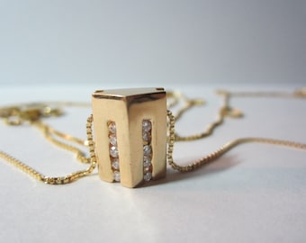 Vintage Italian 14K Gold 30 inch Box Chain with 14 Kt Gold & Diamond Pendant