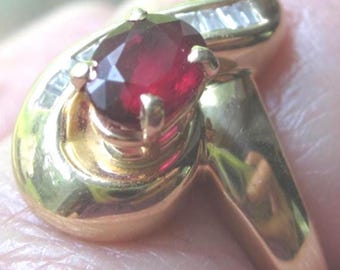 Natural 0.66 Ct. Ruby & Diamond Baguette Ring in 14 Kt Yellow Gold, Vintage 1998