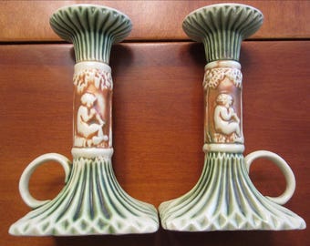 Roseville Donatello Loop Handled Candlesticks Pair – Vintage Ceramic Home Decor, 1920s