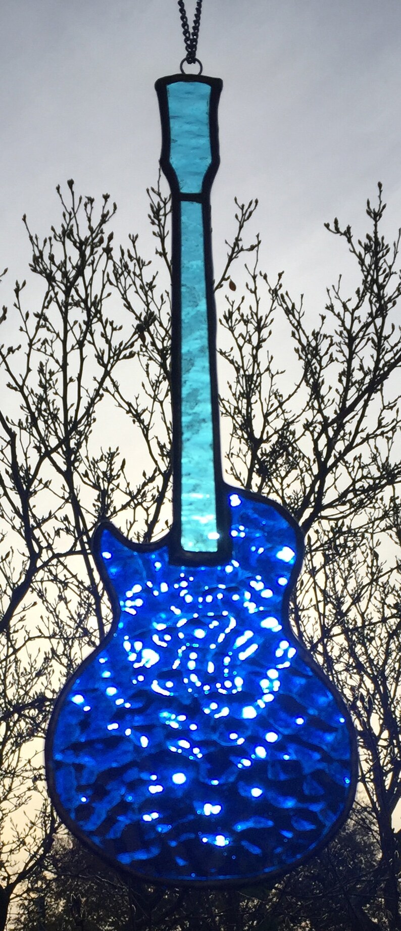 Stained Glass Electric Guitar Gibson Les Paul styled Right Handed or Left Handed Suncatcher Blue Reinforced with Copper Wire
