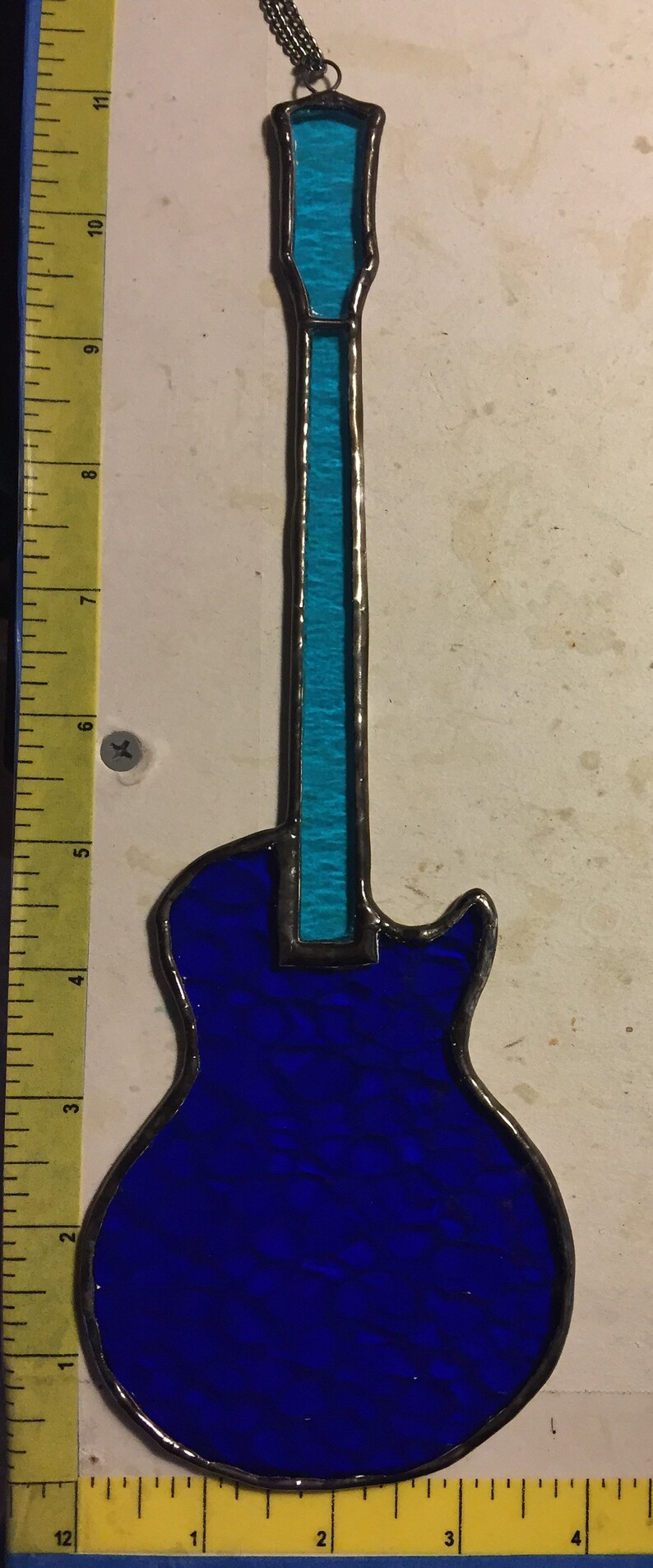 Stained Glass Electric Guitar Gibson Les Paul styled Right Handed or Left Handed Suncatcher Blue Reinforced with Copper Wire