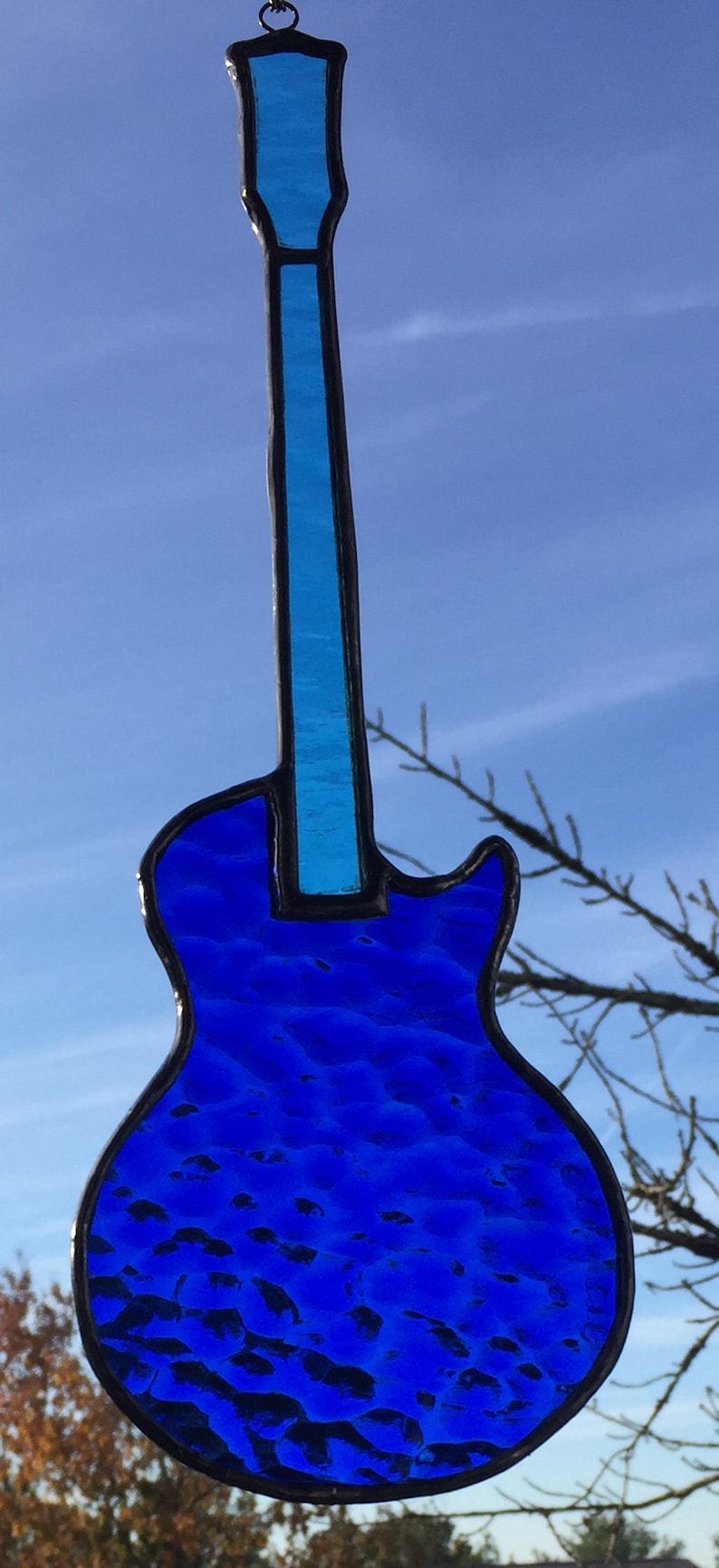 Stained Glass Electric Guitar Gibson Les Paul styled Right Handed or Left Handed Suncatcher Blue Reinforced with Copper Wire