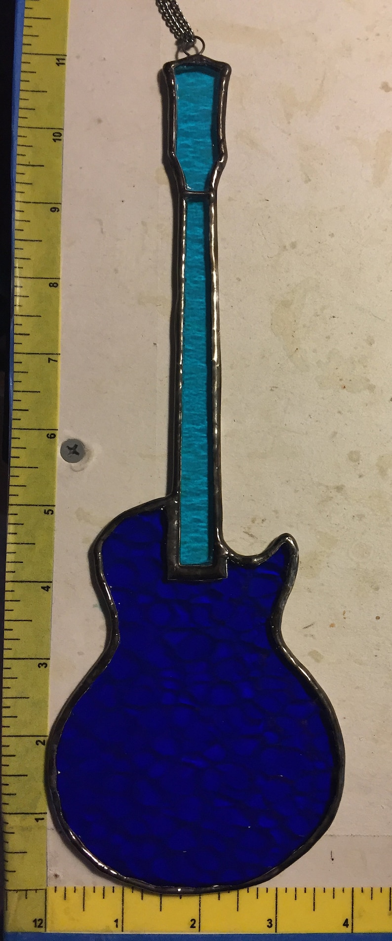 Stained Glass Electric Guitar Gibson Les Paul styled Right Handed or Left Handed Suncatcher Blue Reinforced with Copper Wire