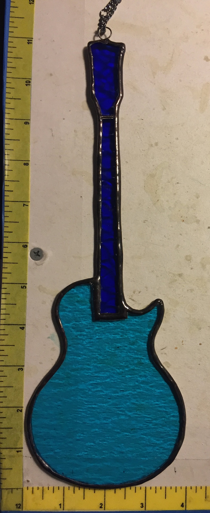Reinforced with Copper Wire Stained Glass Electric Guitar Gibson Les Paul styled Right Handed or Left Handed Suncatcher Blue